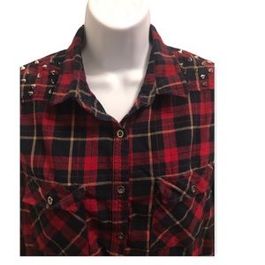 Woman’s Forever 21 Spiked Plaid Red Top /Button down Shirt Large